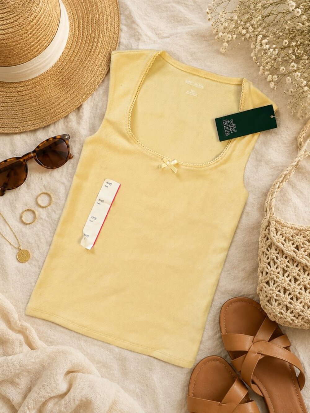 Wild Fable Crochet Lace Trim Ribbed Tank Top Bow Accent Butter Yellow XXS NWT